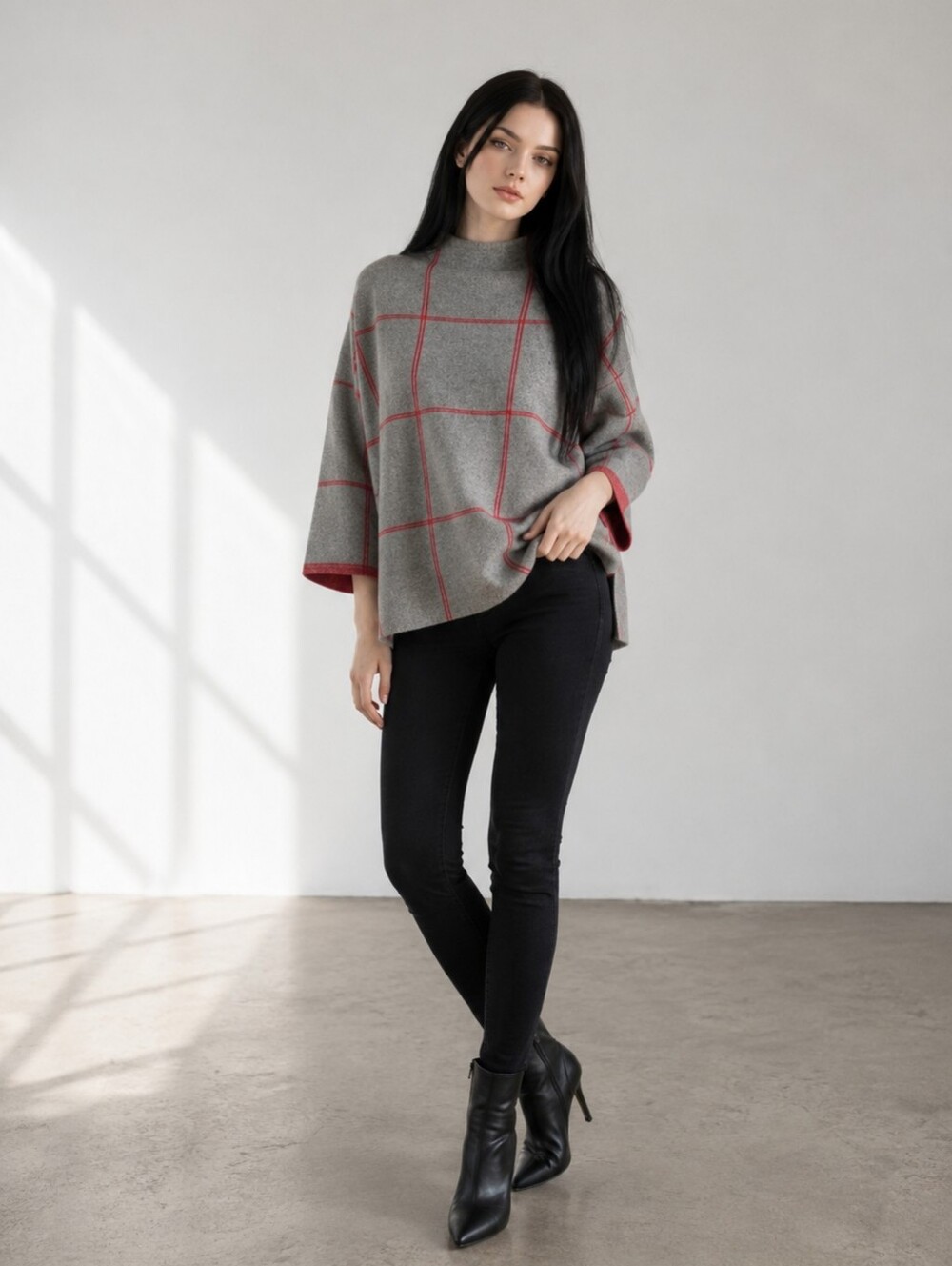 EUC Tahari Windowpane Red & Gray Plaid Mock Neck Size Small Sweater!